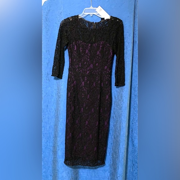 NWT Black Lace 4 Pencil French Connection LBD Lined Purple Acai 3/4 Slv Dress - Picture 8 of 14